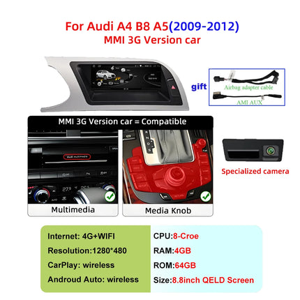 Android 14 Car Multimedia Player Carplay For Audi A4 B8 A5 Car Video Players Multimedia GPS Wireless CarPlay no 2din DSP 5G WIFI