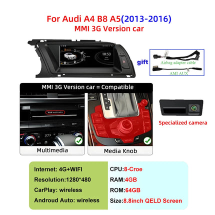 Android 14 Car Multimedia Player Carplay For Audi A4 B8 A5 Car Video Players Multimedia GPS Wireless CarPlay no 2din DSP 5G WIFI